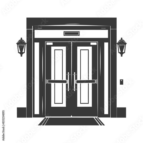 Formal Entrance: Symmetrical Double Doors, Sidelights, Lanterns, Black and White Icon