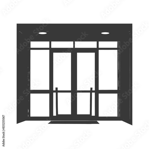 Silhouetted Entrance: Glass Doors, Mat, and Recessed Lights.