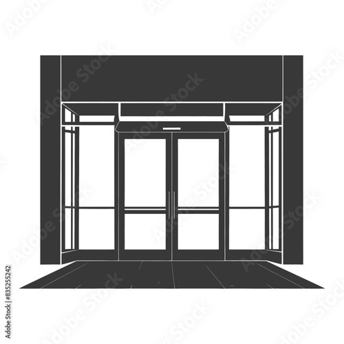 Black and White Entrance: Automatic Double Doors, Glass Facade Vector.