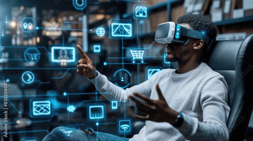 Caucasian middle aged man making purchase or choosing app using VR glasses at home as online shopping and virtual reality futuristic social media and communication Caucasian middle aged man making purchase or choosing app using VR glasses at home as online shopping and virtual reality futuristic social media and communication