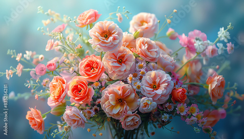 A beautiful bouquet of pink and orange roses with white baby's breath and other greenery against a soft blue background.