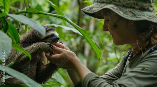 Scientist Feeding a Friendly Sloth in the Research Environment of the Tropical Jungle. Researcher Studying and Interacting with the Endangered Primate Species in the Rainforest Habitat. © Mickey
