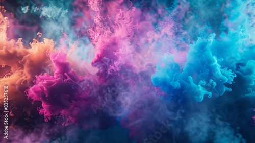 Clubs of multicolored neon smoke, ink. An explosion, a burst of holi paint. Abstract psychedelic pastel light background. 3D rendering. AI generated.