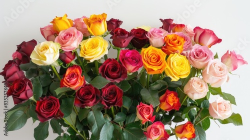 A bouquet of multicolored roses, including red, yellow, pink, and orange, arranged beautifully against a white backdrop