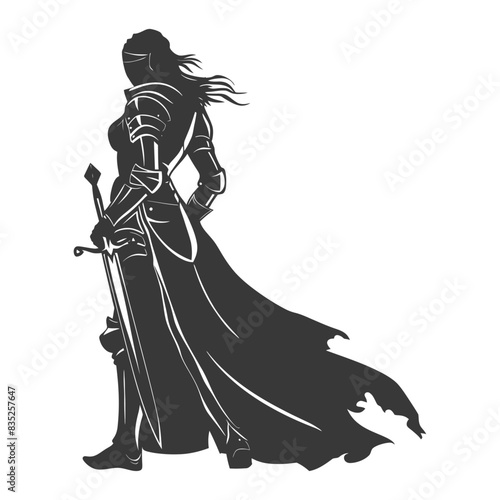 Armored Female Knight Silhouette with Sword and Flowing Cape, Strong Stance.