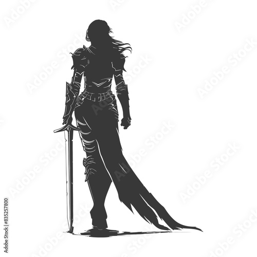 Armored Female Warrior Silhouette: Back View, Sword Leaning, Fantasy Art.