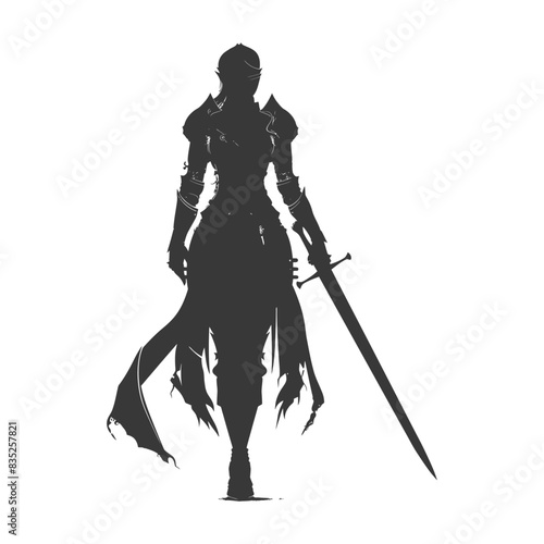 Silhouetted Knight: Armored Woman with Sword, Fantasy Warrior Silhouette.
