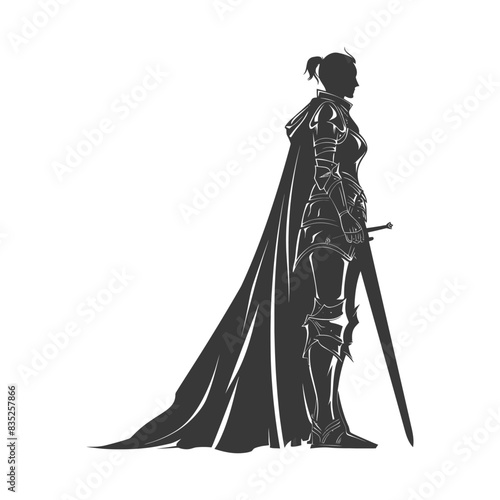 Silhouetted Knightess: Armored Warrior with Sword and Flowing Cloak.