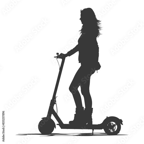 Silhouette of a young woman riding an electric scooter, windblown hair, urban lifestyle.