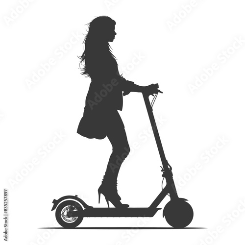 Silhouette: Woman in heels riding electric scooter, urban mobility.