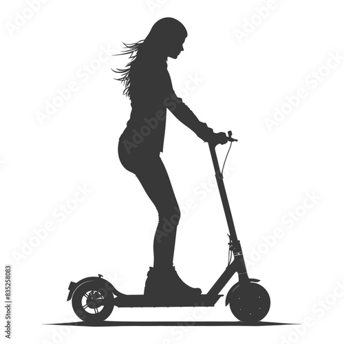 Electric Scooter Silhouette: Young Woman Riding, Windblown Hair, Urban Mobility.