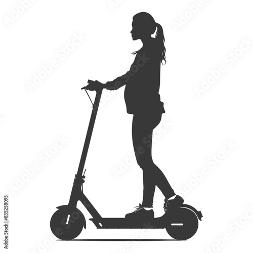 Silhouette of Pregnant Woman Riding Electric Scooter, White Background.