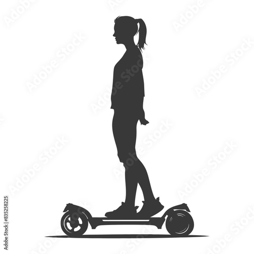 Silhouetted woman on hoverboard, electric self-balancing scooter, side view, isolated on white.