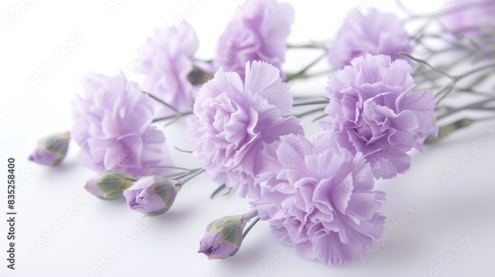 A bunch of lavender carnations creating a soft, pastel display against a white background A bunch of lavender carnations creating a soft, pastel display against a white background