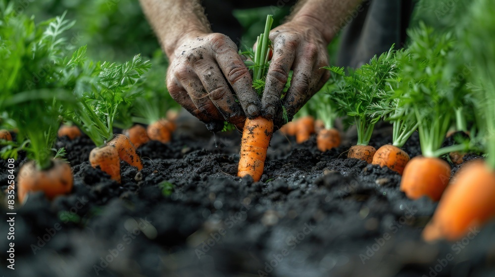 Obraz premium Farmer's hands are harvesting carrots pulled from the ground