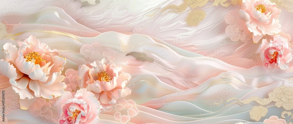 3D background with pastel color waves and peonies