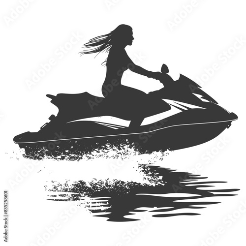 Jet Ski Silhouette: Woman with Flowing Hair Rides the Waves.