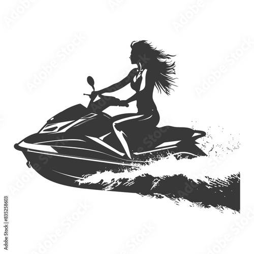 Silhouette of woman jet skiing with windblown hair, water splashing.