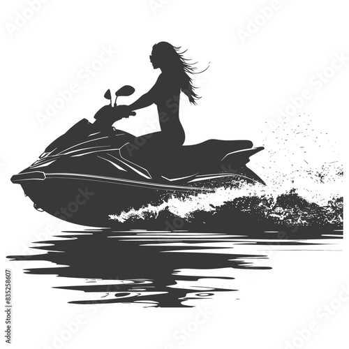 Jet Ski Silhouette: Woman Riding Watercraft with Spray and Reflection.