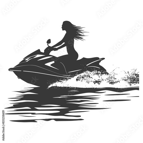 Silhouette of Woman Riding Jet Ski on Water, Vector Illustration