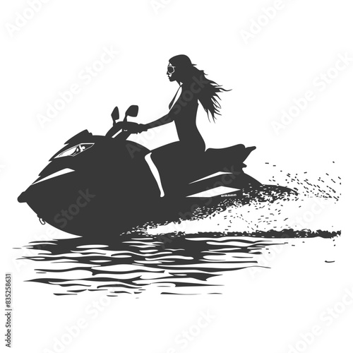 Silhouette of Woman on Jet Ski, Water Spray Graphic.
