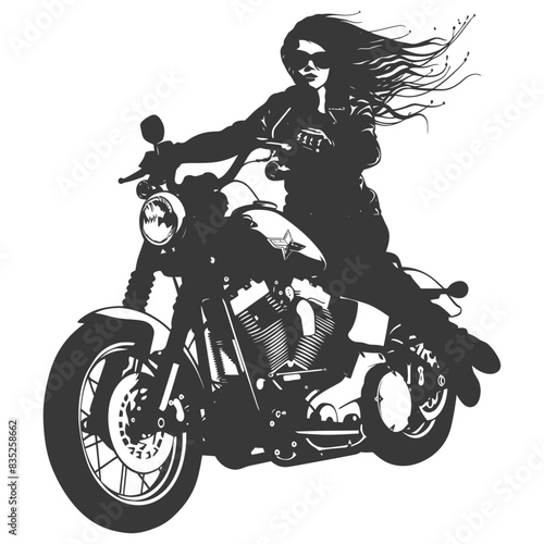 Silhouetted biker chick riding motorcycle, hair blowing in the wind, isolated on white.