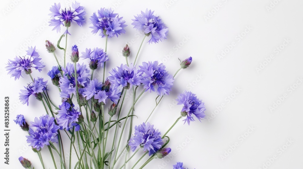 A bunch of lavender cornflowers creating a soft, pastel display against a white background A bunch of lavender cornflowers creating a soft, pastel display against a white background
