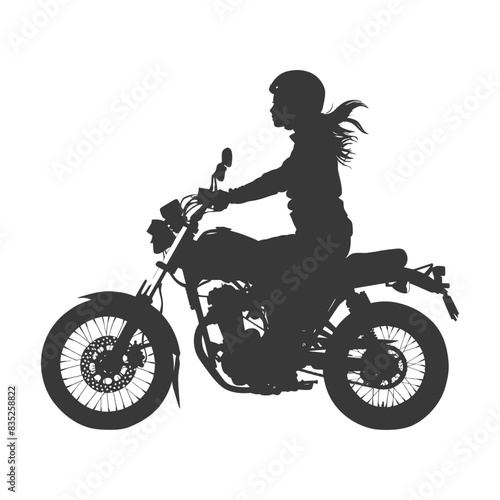 Motorcycle Silhouette: Woman Rider, Windblown Hair, Cafe Racer Style.