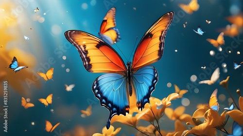 Very beautiful blue yellow orange butterfly in flight isolated on a transparent background.