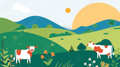 Cartoon illustration of two dairy cows in a green meadow with flowers. Concept of agriculture  farm animals  rural lifestyle  simple design