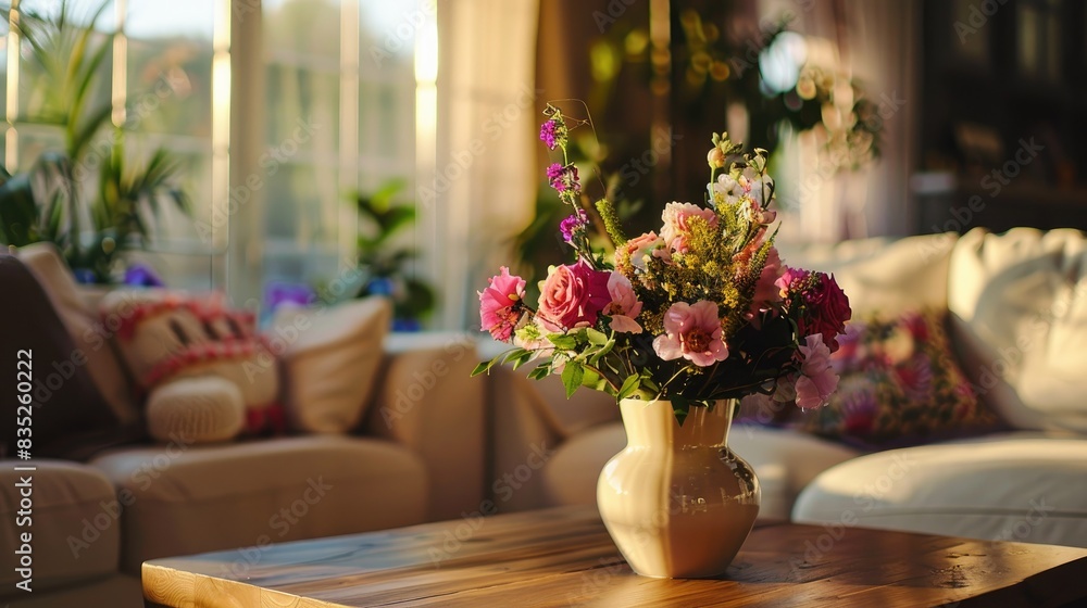 Flower filled vase on square wooden table in a large living room next to a comfortable couch with pillows Flower filled vase on square wooden table in a large living room next to a comfortable couch with pillows