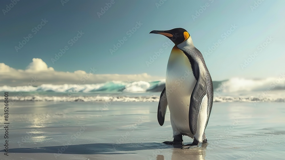 Fototapeta premium Magnificent A penguin standing on a cliff with the ocean in the background