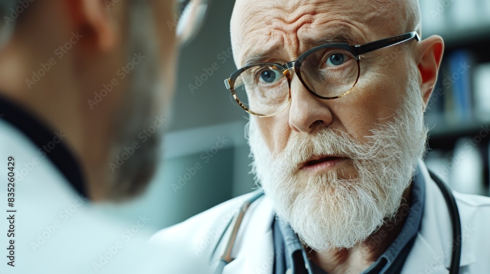 Elderly male doctor with glasses in a white coat having a serious discussion. Concept of healthcare, medical expertise, professional consultation, elderly physician Elderly male doctor with glasses in a white coat having a serious discussion. Concept of healthcare, medical expertise, professional consultation, elderly physician