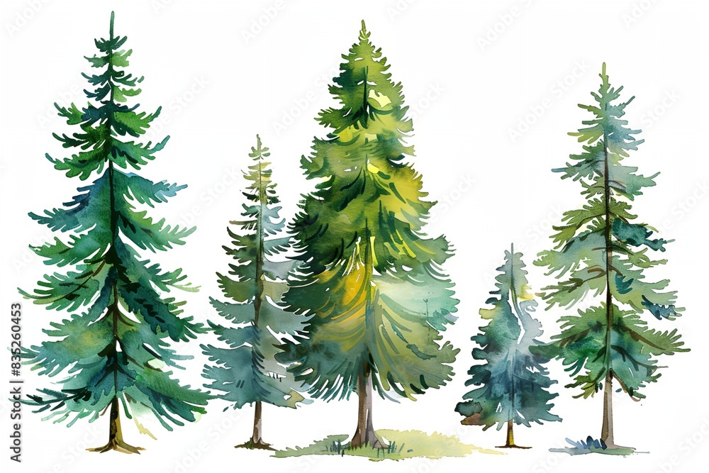 Obraz premium set of watercolor pine trees on white background