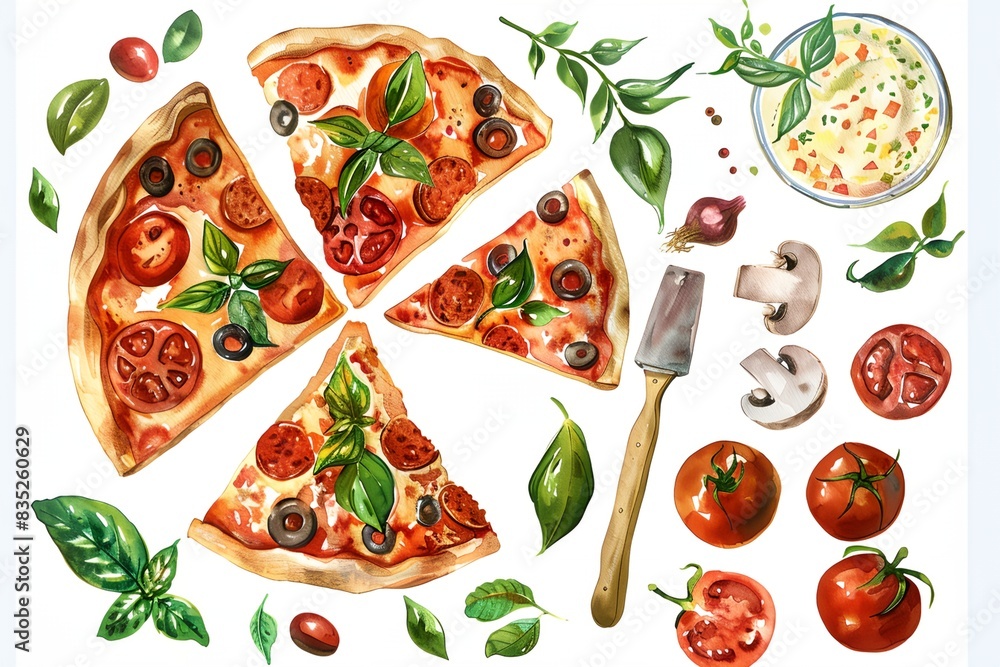watercolor set of pizza with toppings on it on white background watercolor set of pizza with toppings on it on white background