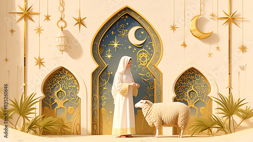 Goat Qurban Eid al adha mubarak festival islamic background, Witness heartfelt Eid celebration moments during Bakra Eid as people participate in age-old traditions, Arabic lantern design