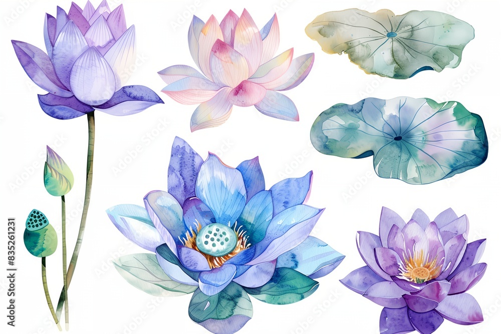 Obraz premium collection watercolor lotus flowers on white background