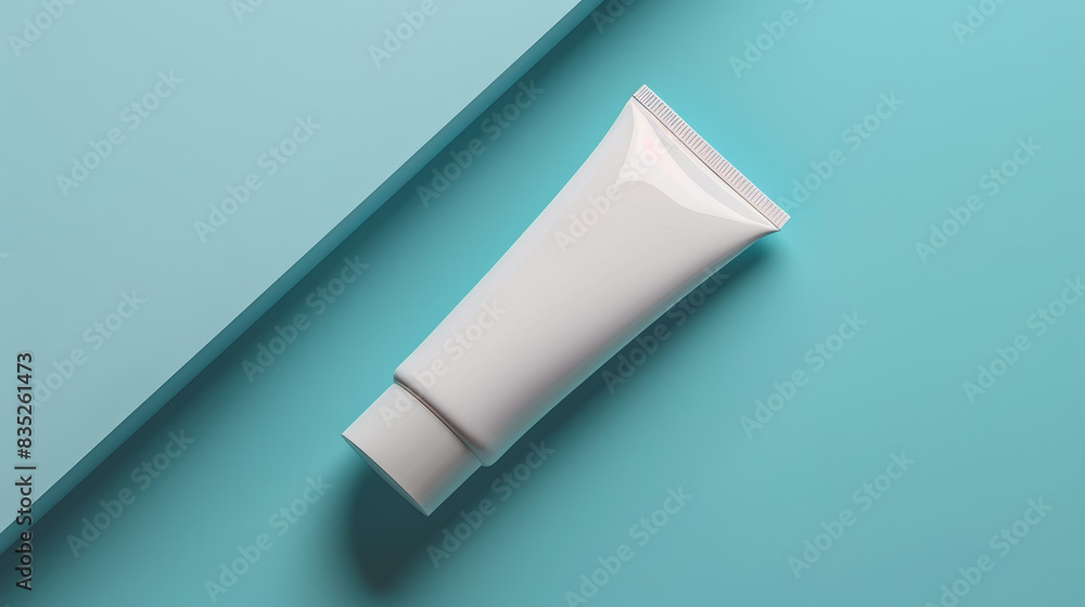 A tube of white cream is sitting on a blue surface A tube of white cream is sitting on a blue surface