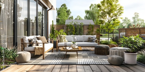 modern terrace with furniture and plants, cozy summer patio photo