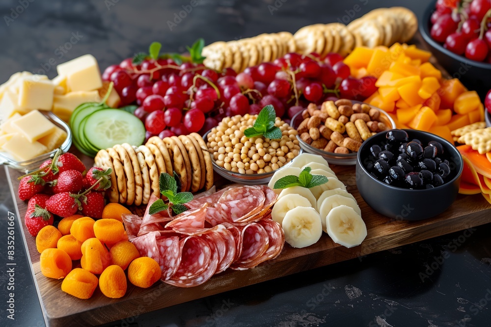 platter of meat, cheese, fruit, and crackers on a table platter of meat, cheese, fruit, and crackers on a table