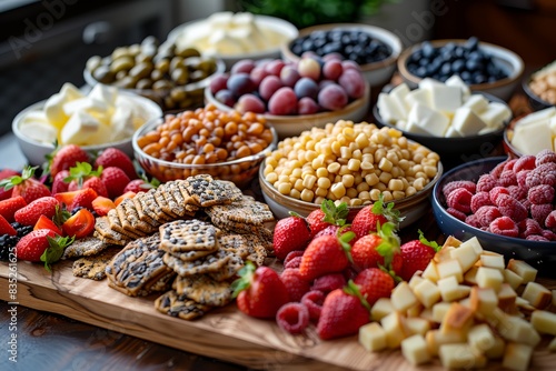 variety of fruits and cheeses on a wooden board on a table