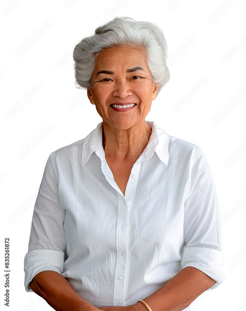 Pacific Islander mature woman wearing white shirt posing with a smile over isolated transparent background Pacific Islander mature woman wearing white shirt posing with a smile over isolated transparent background