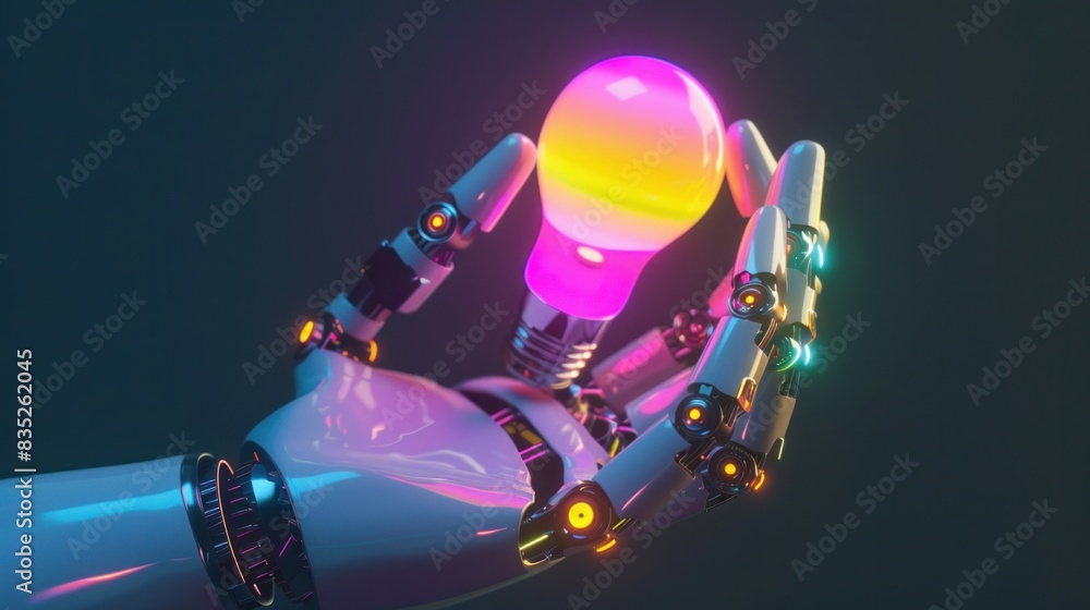 Fototapeta premium Depicting a humanoid robot's hand adorned with a vibrant bulb in a 3D rendition.