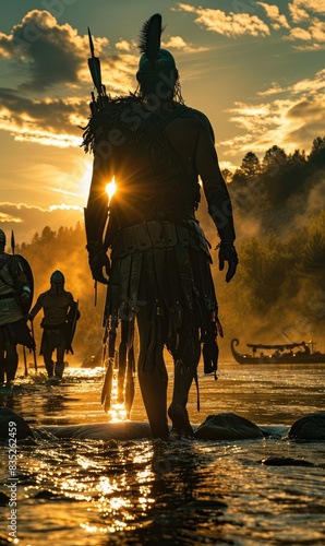 Iconic Caesar: Dramatic Cinematic Shot of Caesar and His Legion at the Rubicon River, Sun Flare Casting Symbolism on Their Momentous Crossing.

 photo