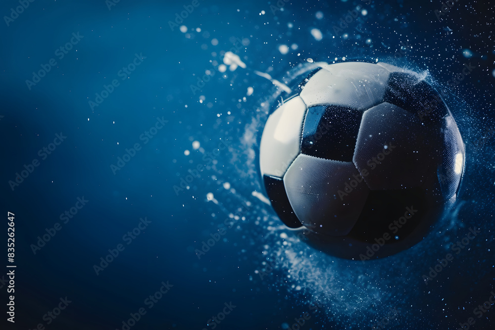 Naklejka premium A stunning close-up of a soccer ball spinning in mid-air, with a solid dark blue background