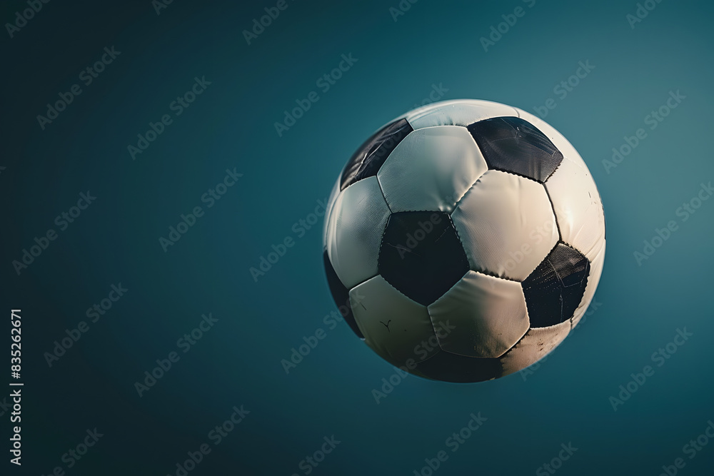 Naklejka premium A stunning close-up of a soccer ball spinning in mid-air, with a solid dark blue background