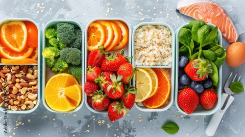 A diet-friendly meal plan layout featuring seasonal fruits, grains, and proteins in vibrant, compartmentalized containers