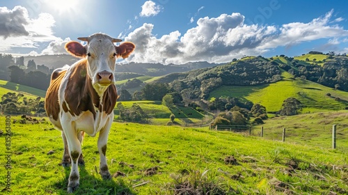 Wallpaper Mural Brown and white cow standing in a green meadow under a blue sky with fluffy clouds. Concept of agriculture, rural life, livestock farming, countryside beauty. Copy space Torontodigital.ca