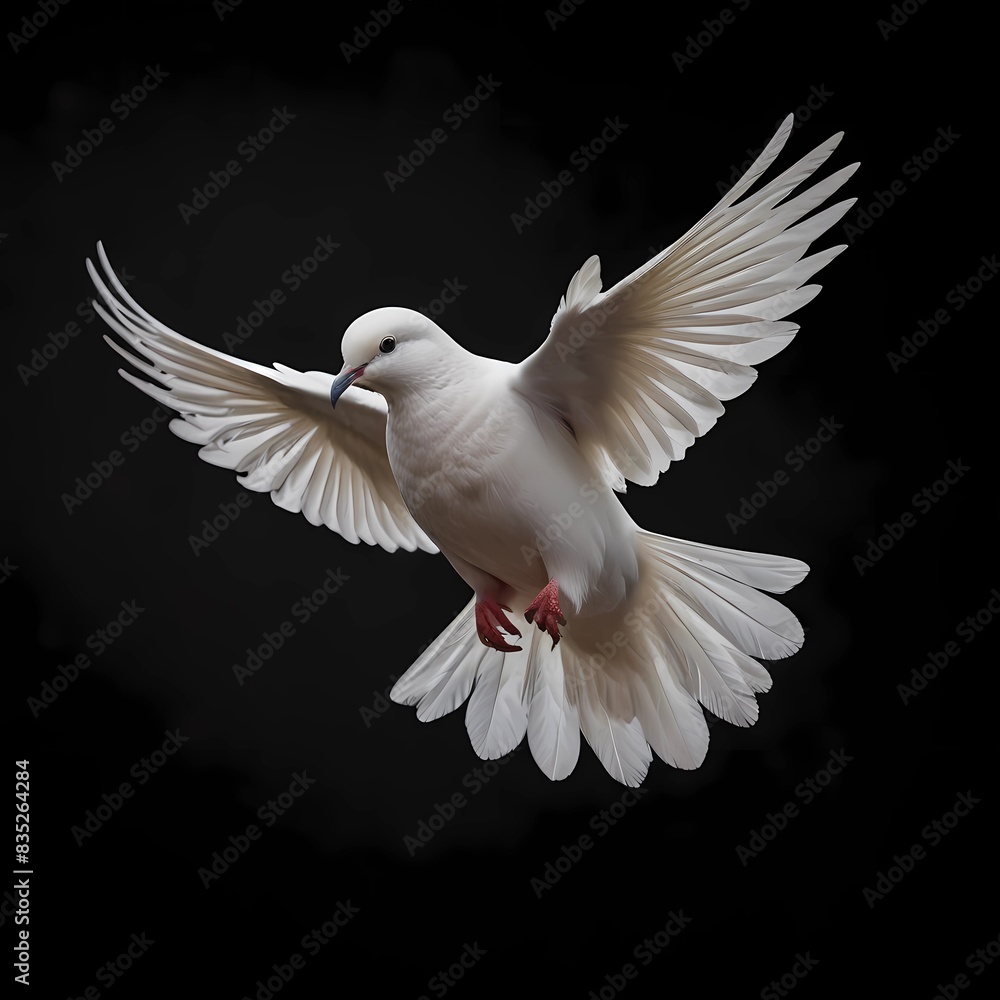 Fototapeta premium White Dove in Flight 1. A free flying white dove isolated on a black background. 