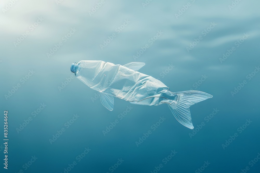 Naklejka premium Poisson en bouteille plastique flottant sous l'eau
